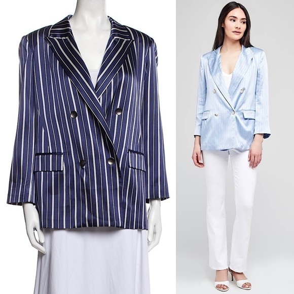 NWT L’AGENCE Silk Satin Navy Stripe Double Breasted Relaxed Fit Blazer Jacket S - Picture 6 of 7